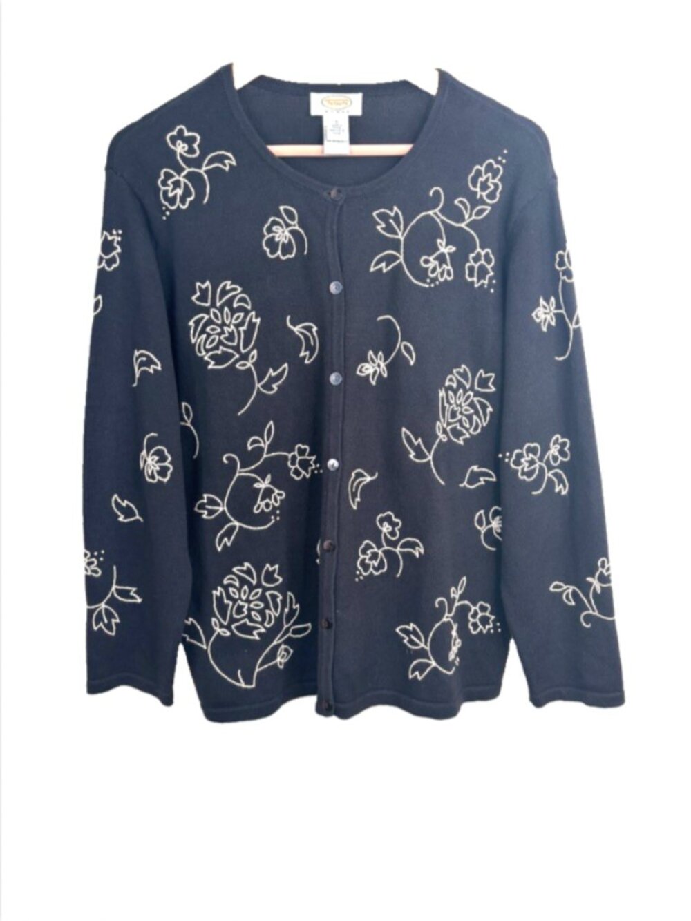 Vintage Talbots 1X Black Embroidered Floral Cotton Cardigan Sweater Cottage Chic